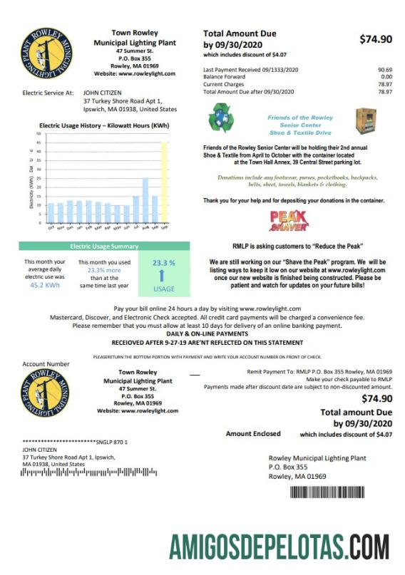 Para baixar modelo de conta de serviços públicos de eletricidade, cidade de Rowley, EUA, Massachusetts, em formato Word e PDF